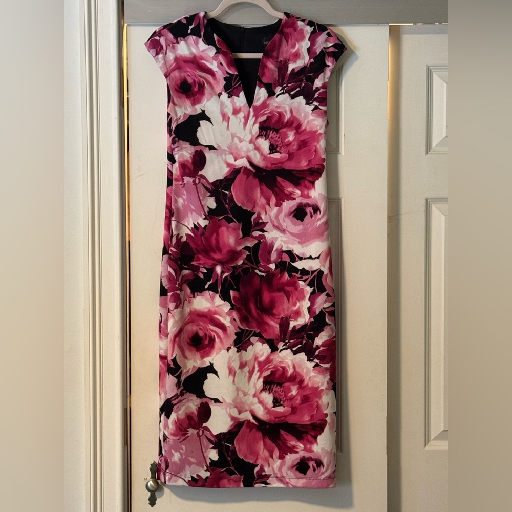 Connected Apparel Pink and Black Floral Midi Dress